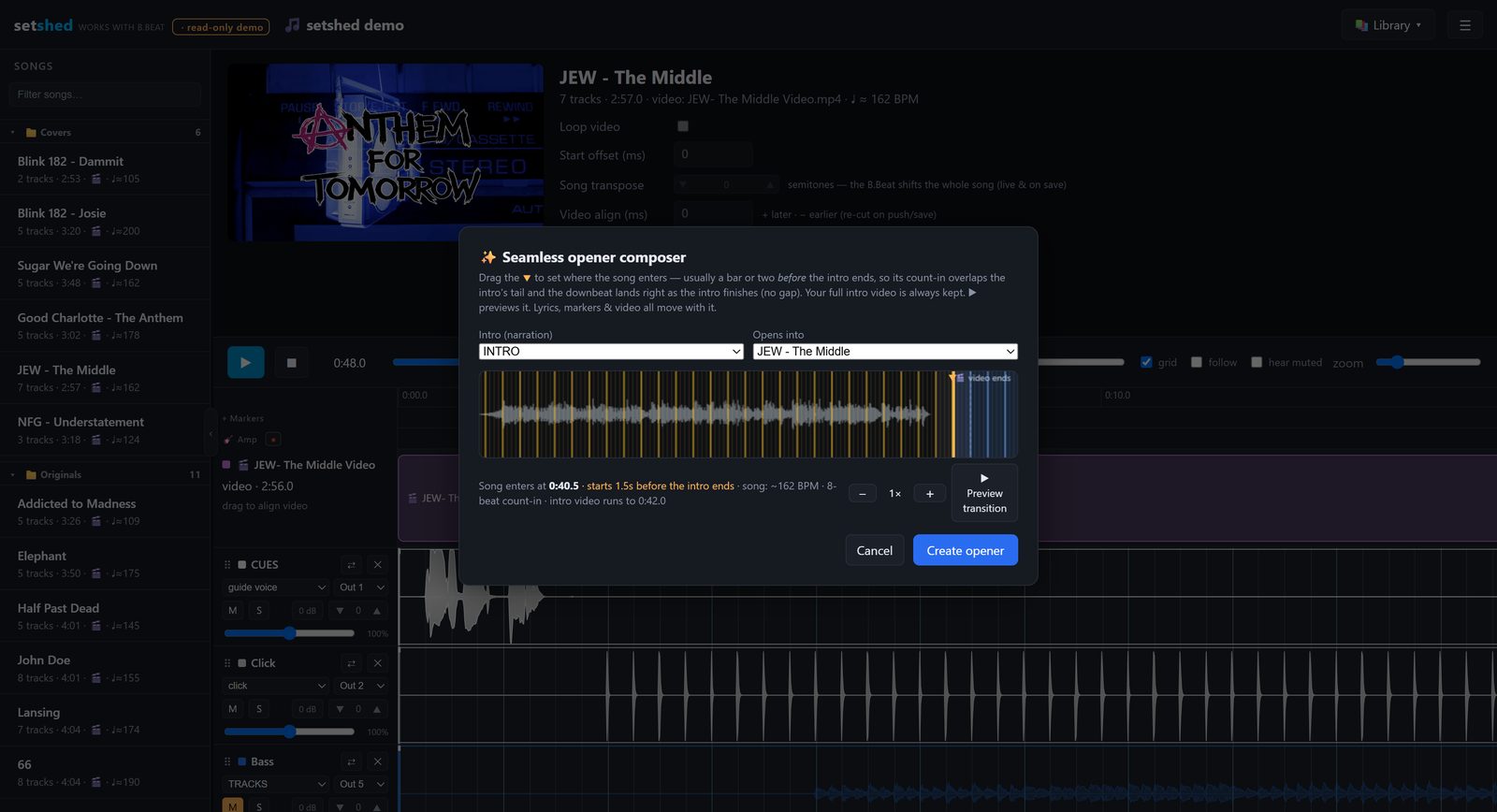 Seamless opener composer: beat grid over the intro waveform with the song entry marker