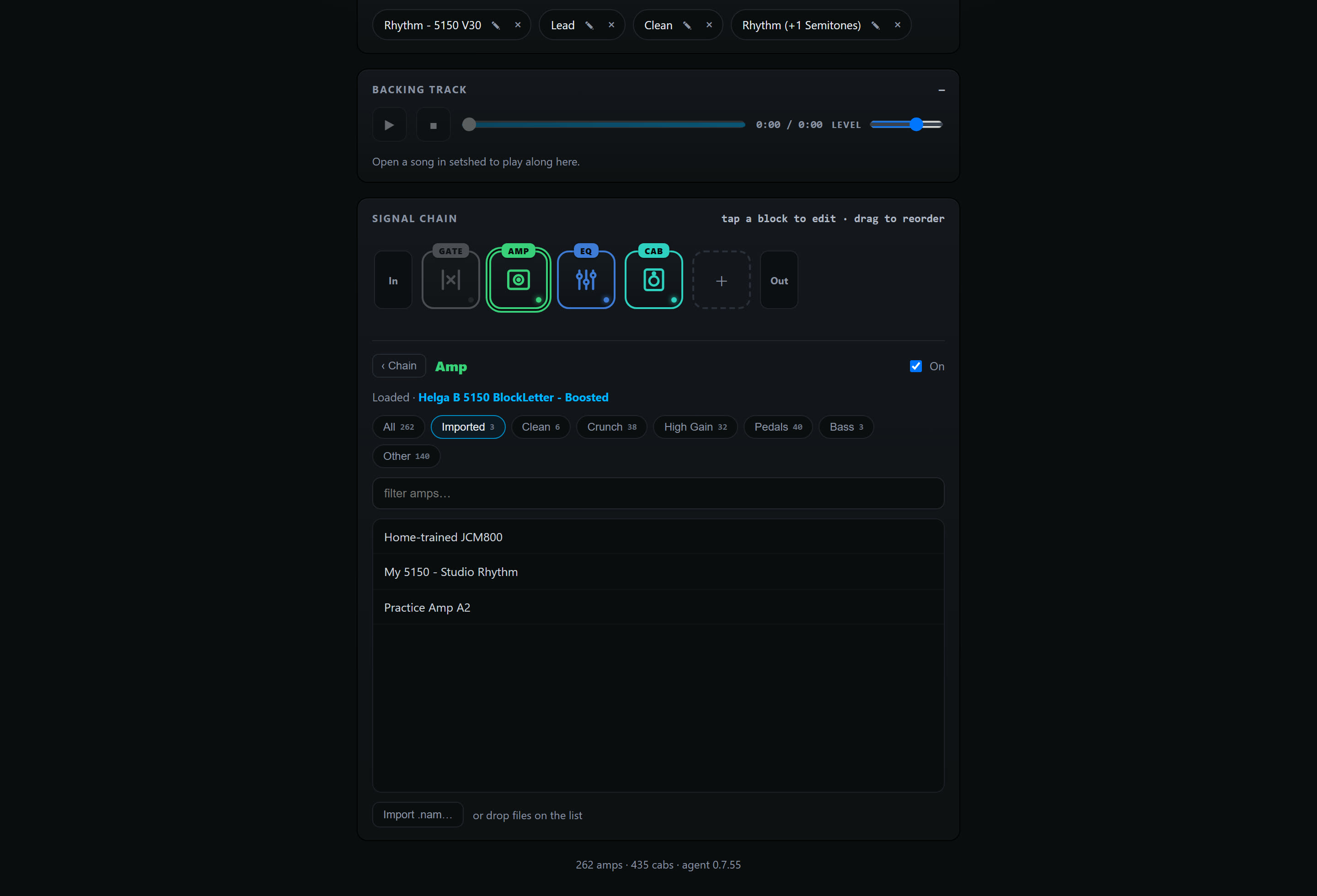 The capture browser: your imported .nam files in their own category beside the 262-amp stock library, with Import .nam / drag-and-drop