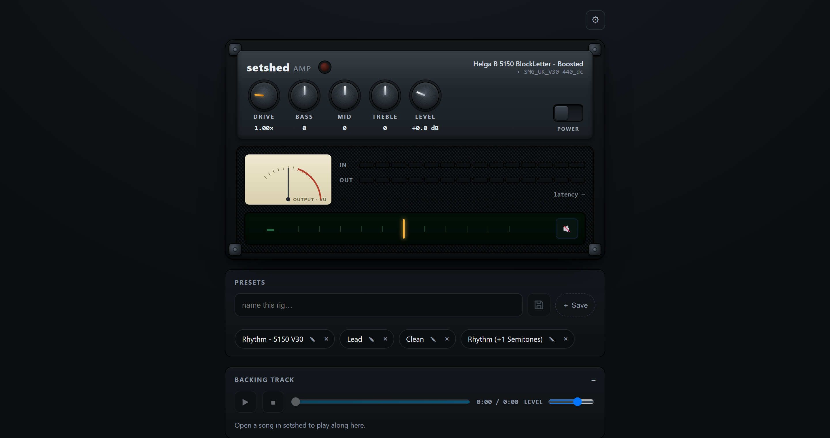 The setshed amp: drive, EQ and level on a captured high-gain head with a V30 cab