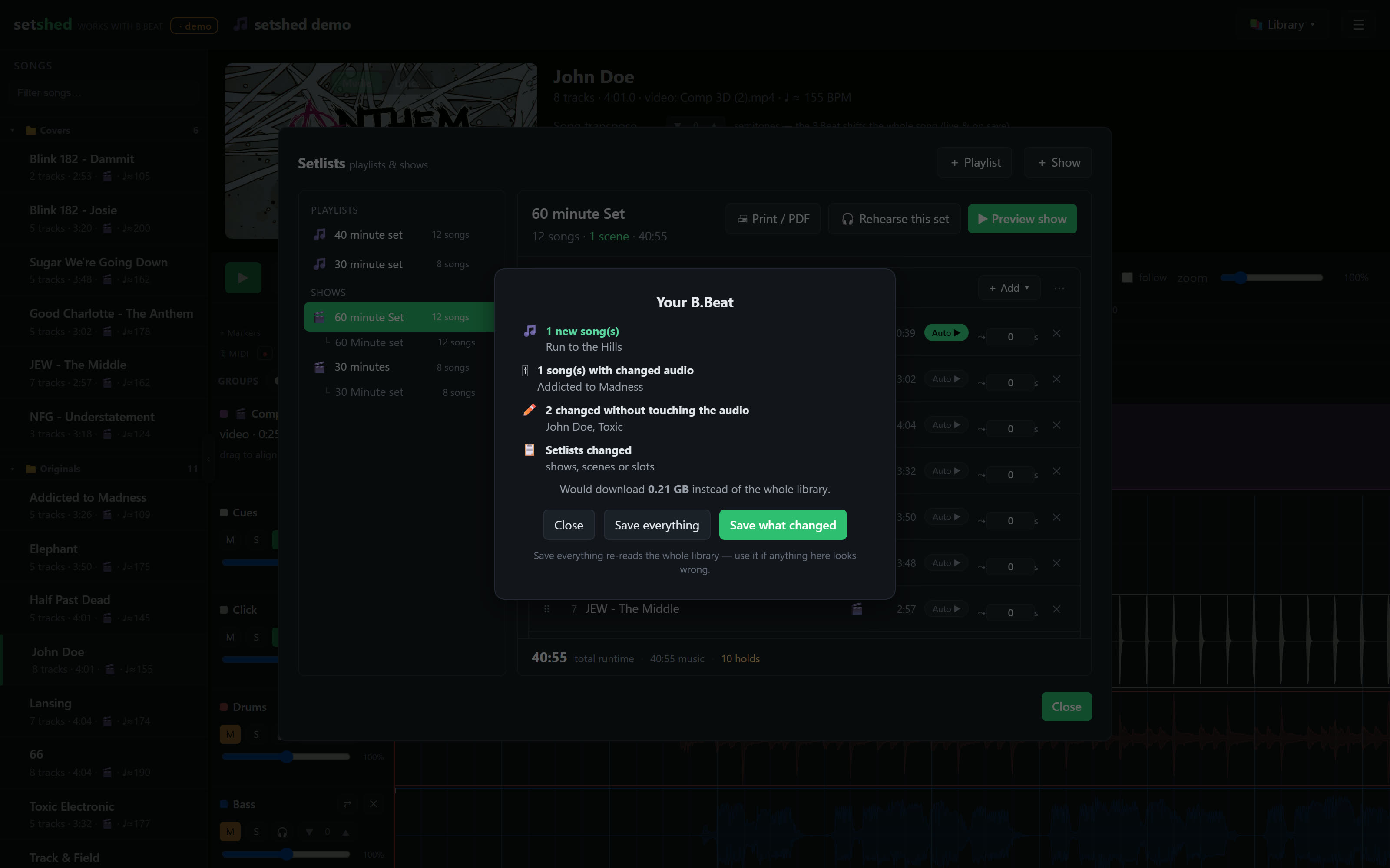 Check & save: setshed lists exactly what changed on the B.Beat and saves only that