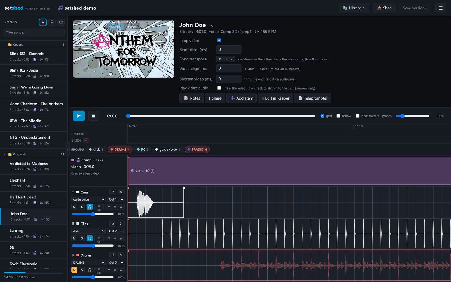 The editor: song list on the left, the song's video and details up top, then the transport and one lane per stem