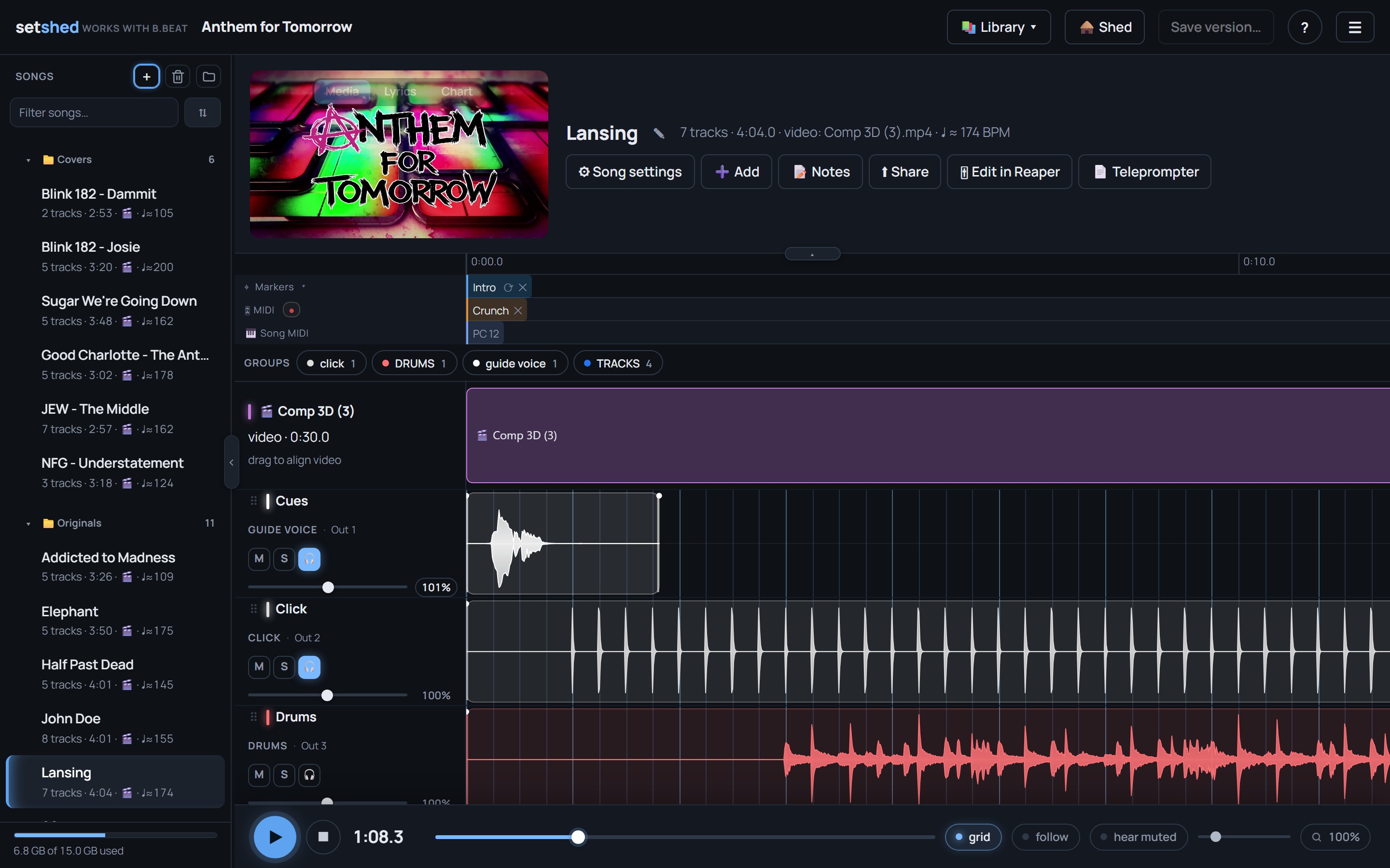 The editor: song list on the left, the song's video and details up top, one lane per stem, and the transport along the bottom