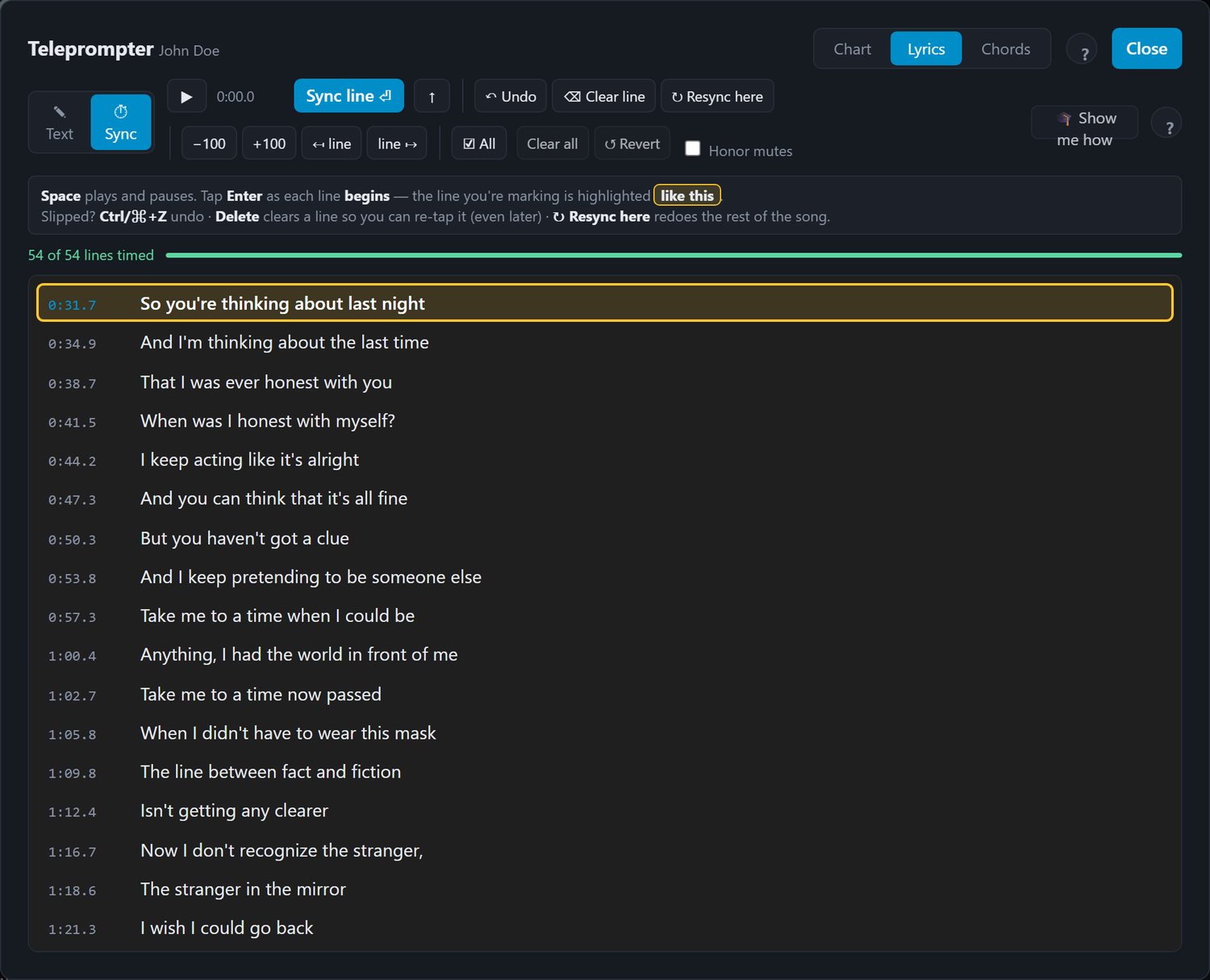 Sync mode: every line with its start time, the line you're about to mark outlined, and the fix tools along the top