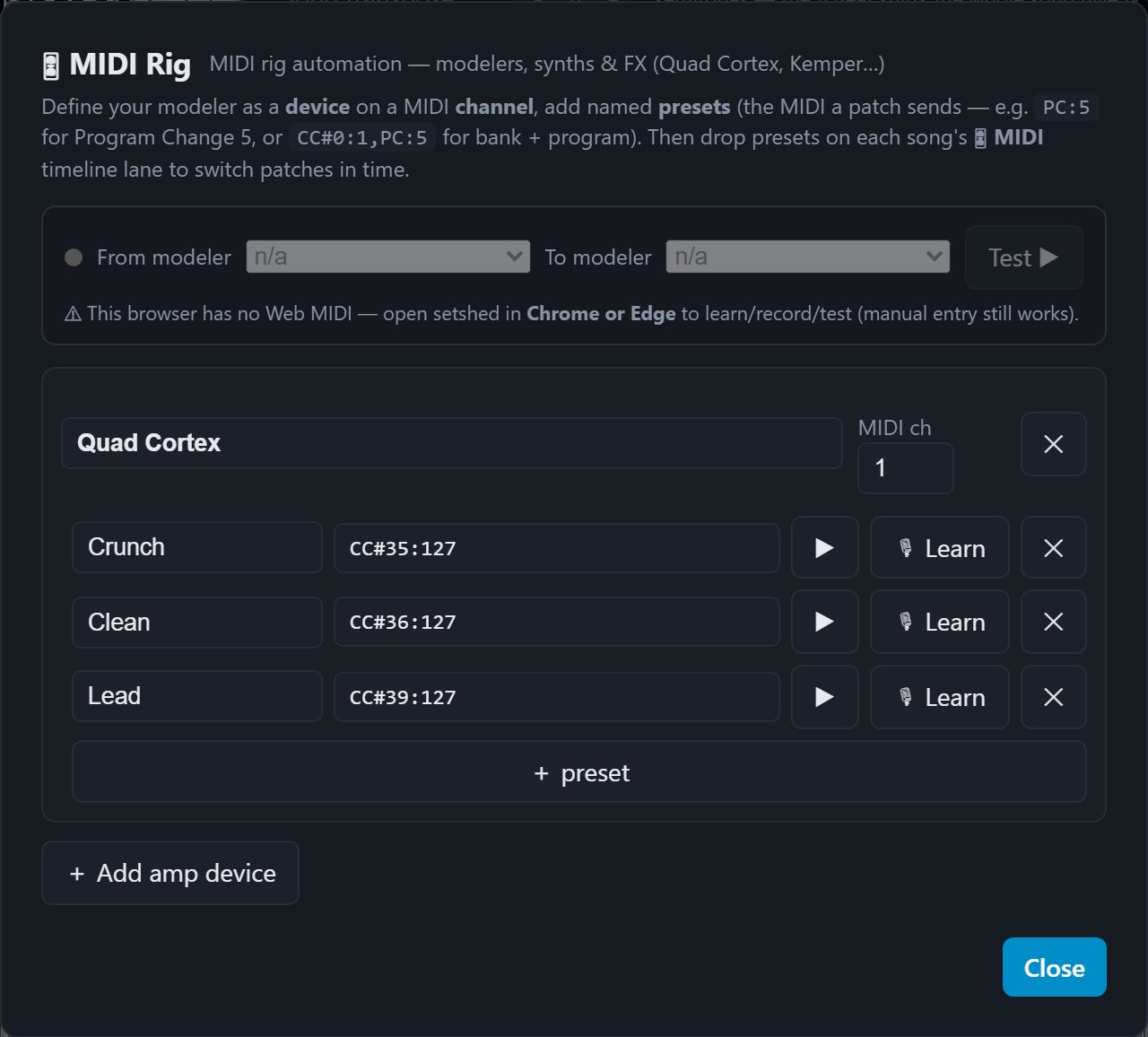 The MIDI rig: a Quad Cortex on channel 1 with named presets, each sending its own program change or CC