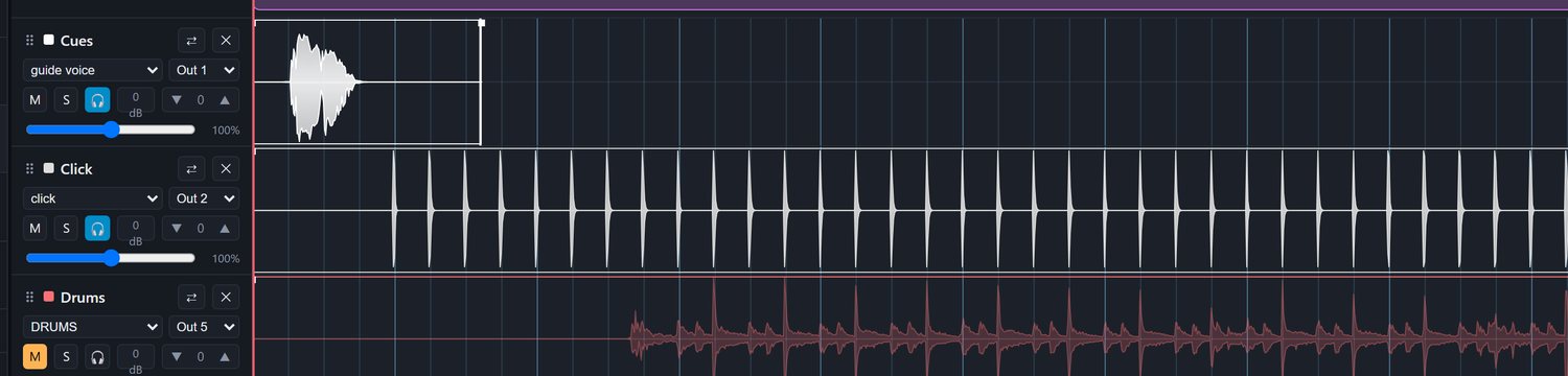 Three track rows: mixer family and output on the left, then mute, solo, the headphone send, clip gain and transpose, with the fader beneath