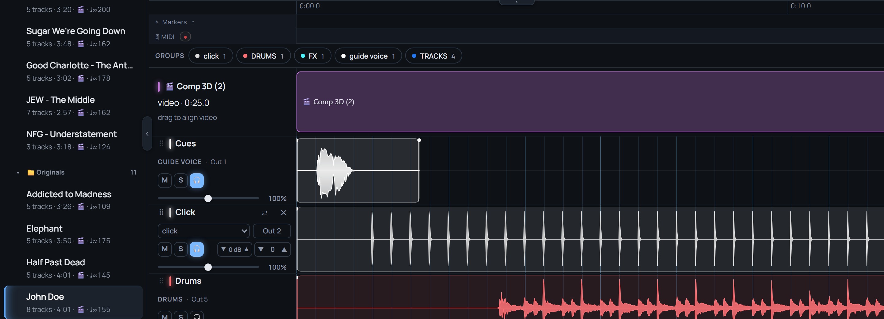 Three track rows: mixer family and output on the left, then mute, solo, the headphone send, clip gain and transpose, with the fader beneath