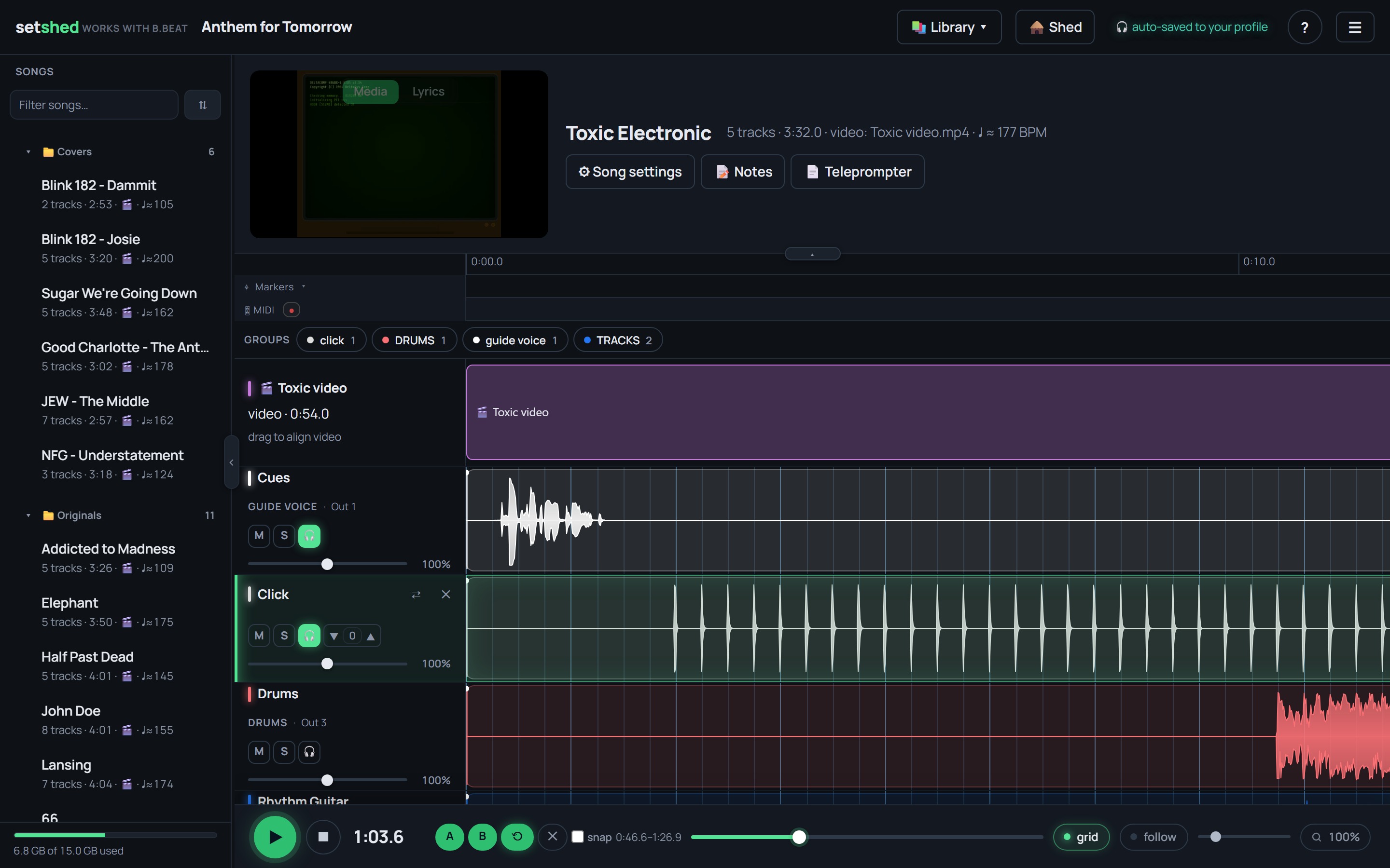 The rehearsal space: a green ribbon across the top with the metronome and tuner, over your own mix of the song