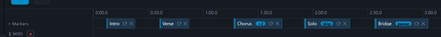 A marker flag on the timeline showing its section behaviour: the ⟳ button opens the picker, and a chip shows what the section does