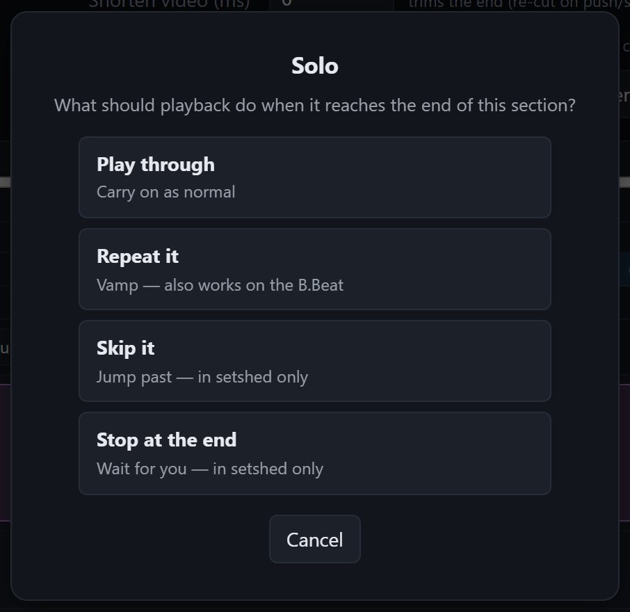 The section behaviour picker, with the two device-native and setshed-only options marked