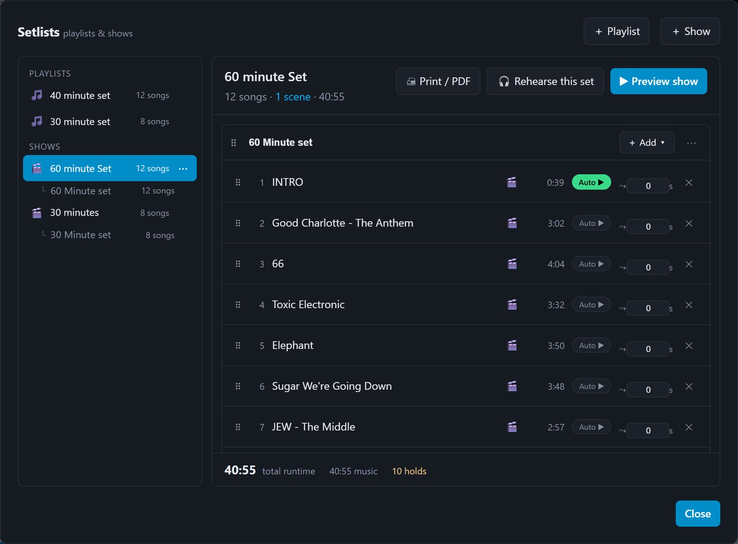 A show open in the setlist builder: scenes and slots with per-slot auto-advance and hold times, and the true-runtime footer
