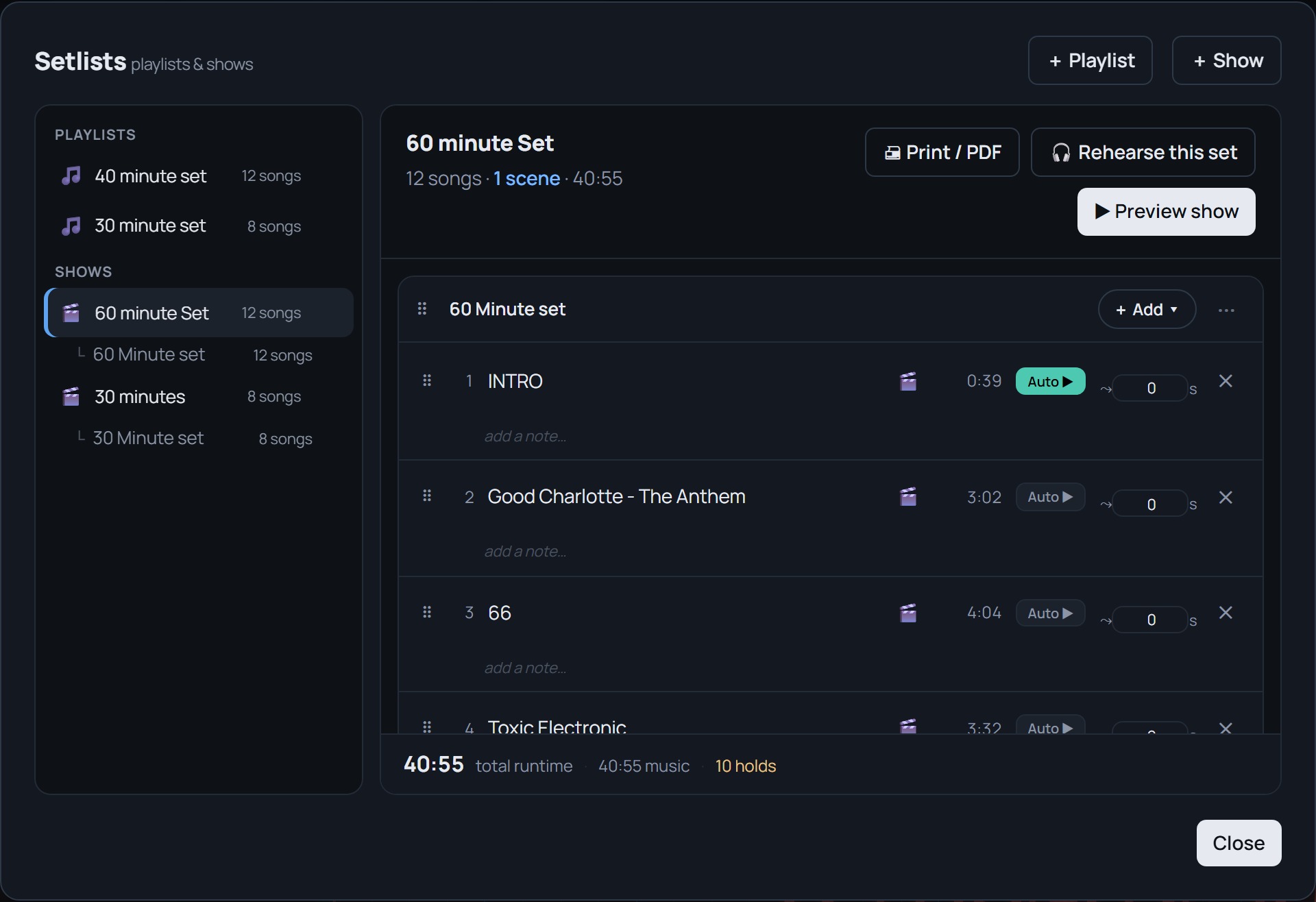 A show open in the setlist builder: scenes and slots with per-slot auto-advance and hold times, and the true-runtime footer