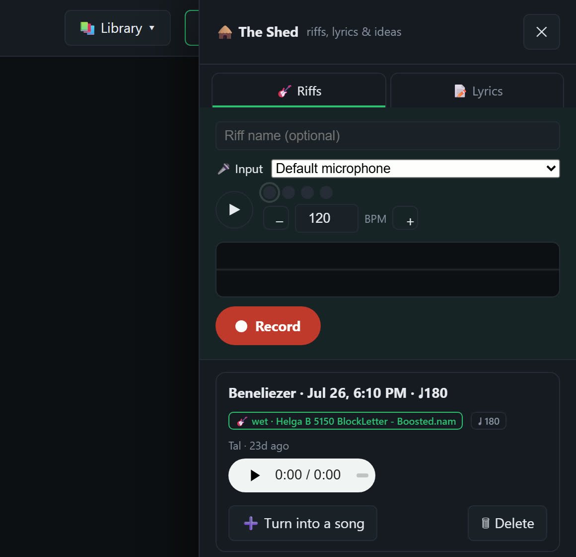 The Shed's Riffs tab: input and BPM above the recorder, with a saved take labelled with the amp capture it was played through