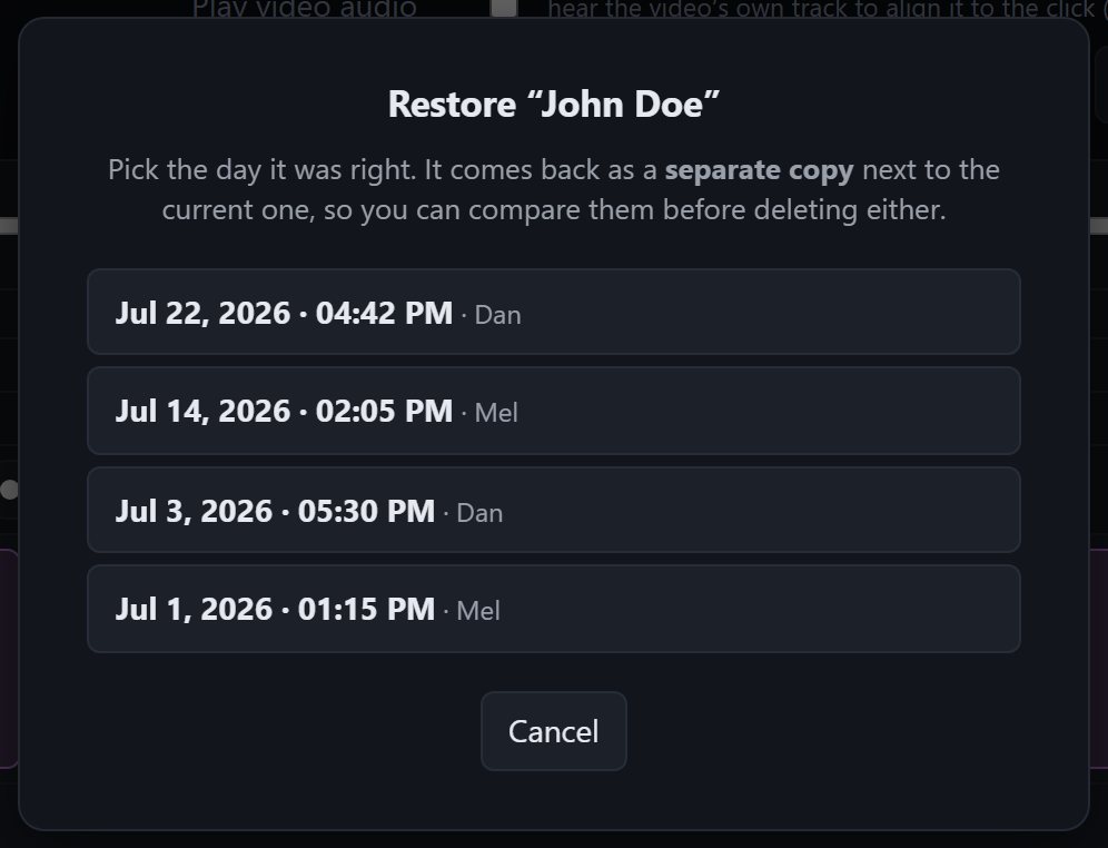 Restoring one song: only the dates that song actually changed, each with who saved it
