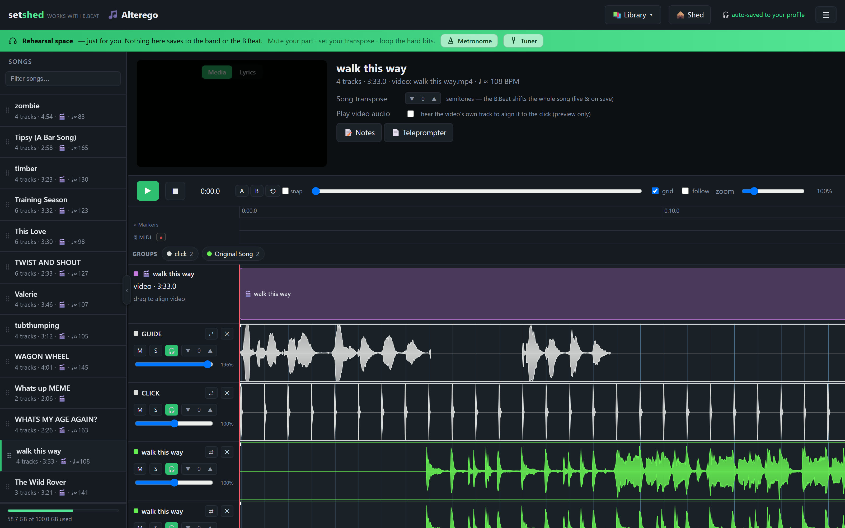 The setshed editor: song library, stem mixer, beat grid, waveforms and the song's video