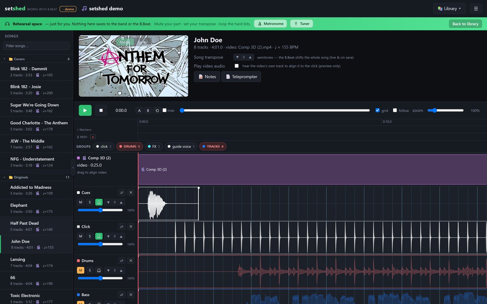 Rehearsal space: private mix with A-B loop and the live amp