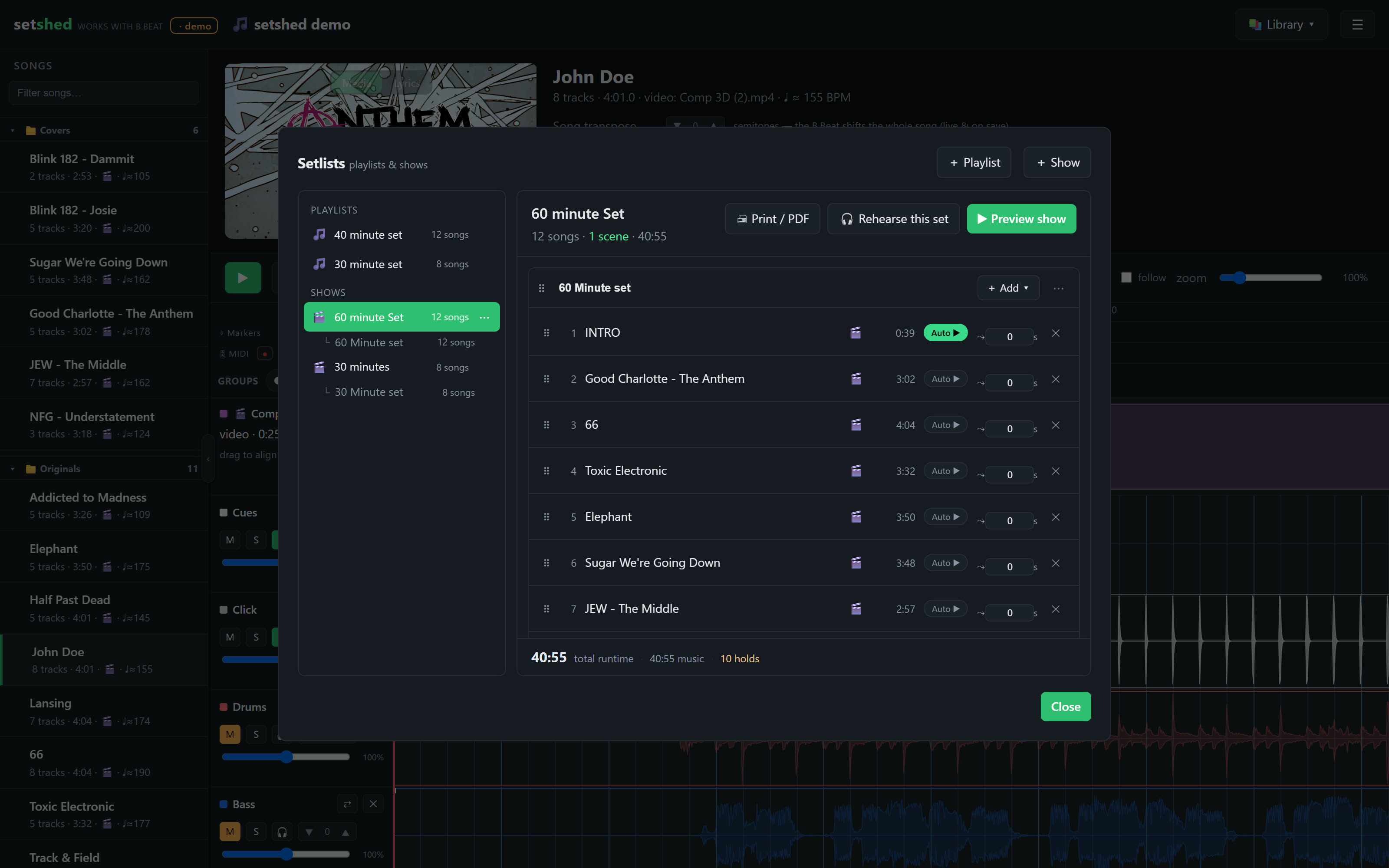 Setlist builder: a 60-minute show with scenes, auto-advance, true runtime footer, Print/PDF and Rehearse this set