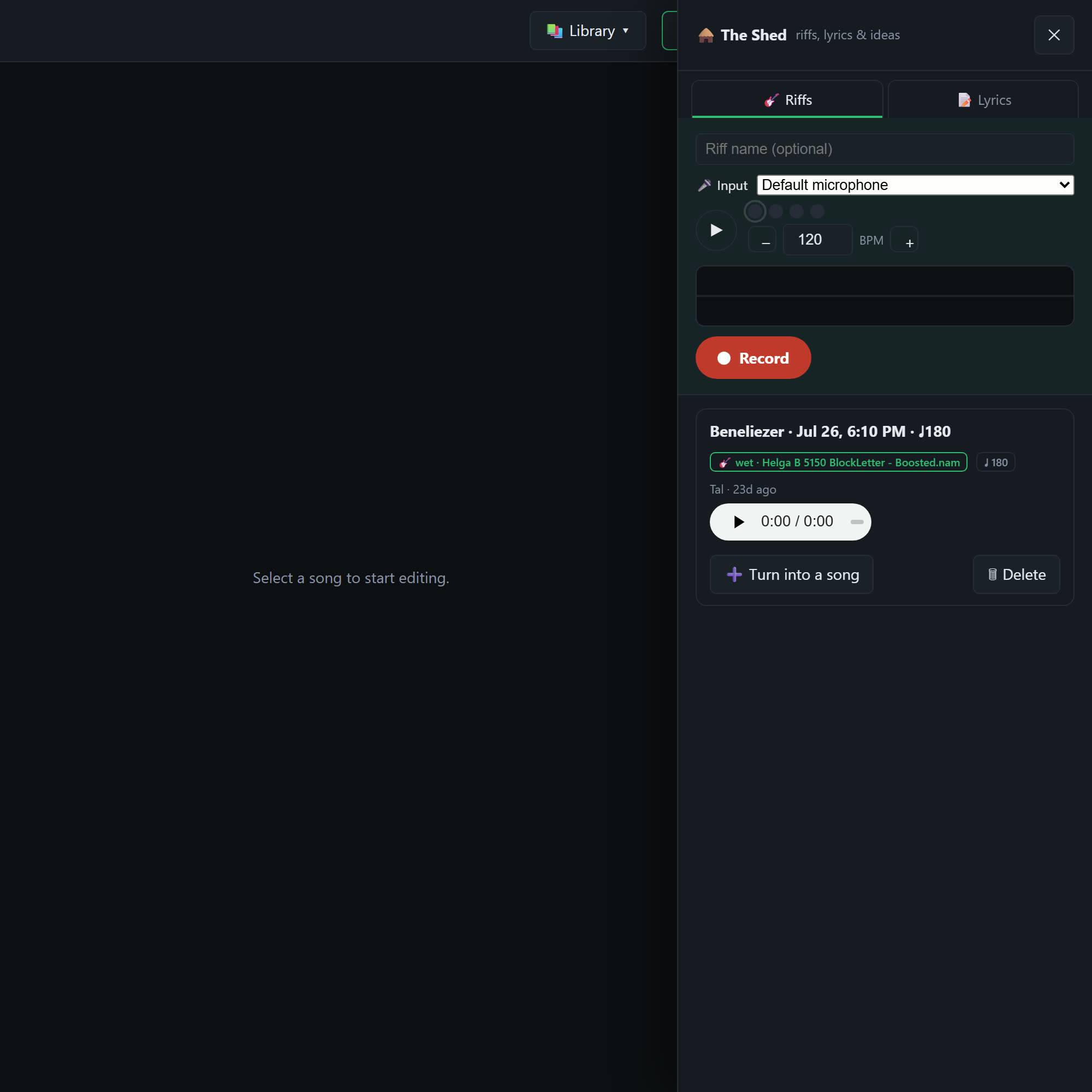 The Shed: riff recorder with metronome, take review, and the band lyrics scratchpad